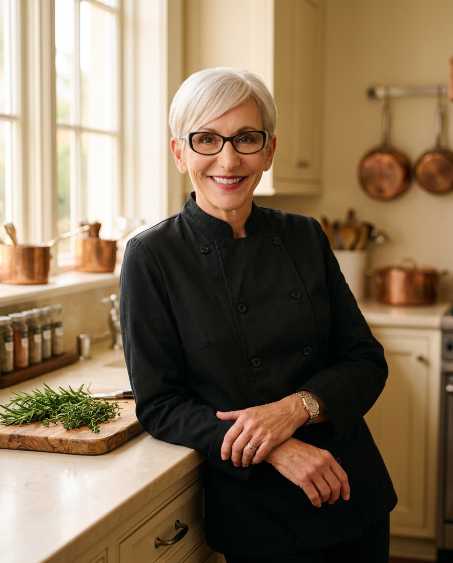 Chef Dawn in a black chef's coat, smiling as she leans against her kitchen counter beside fresh herbs and copper pans