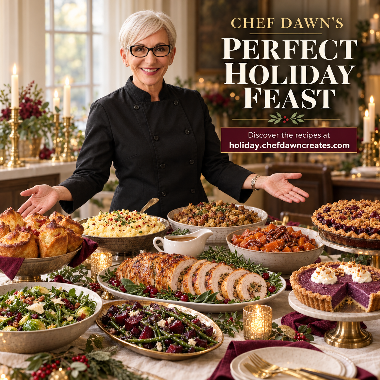 Chef Dawn in a black chef's coat presenting her perfect holiday feast: turkey roulade, maple bacon popovers, mashed potatoes, stuffing, candied sweet potatoes, salads and two pies on a candlelit table