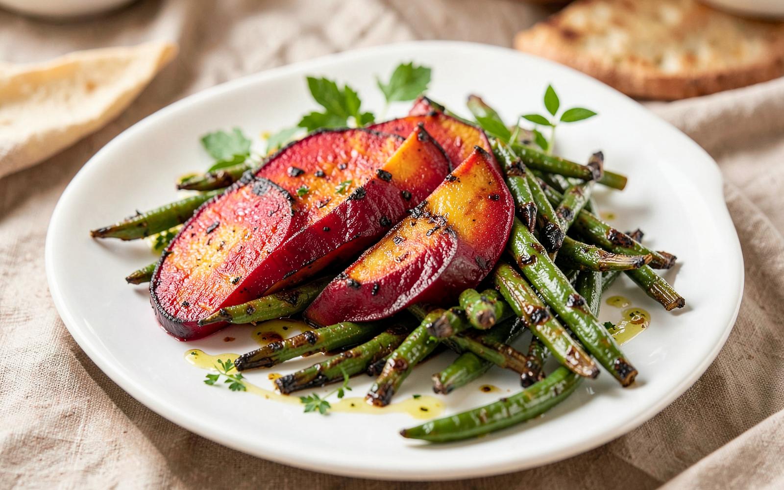 Roasted ruby and golden beets arranged with charred green beans and citrus vinaigrette on a white platter