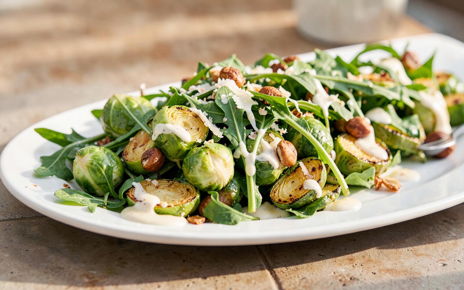 Shaved Brussels sprouts and arugula salad with roasted sprouts, toasted hazelnuts and buttermilk dressing on a long white platter