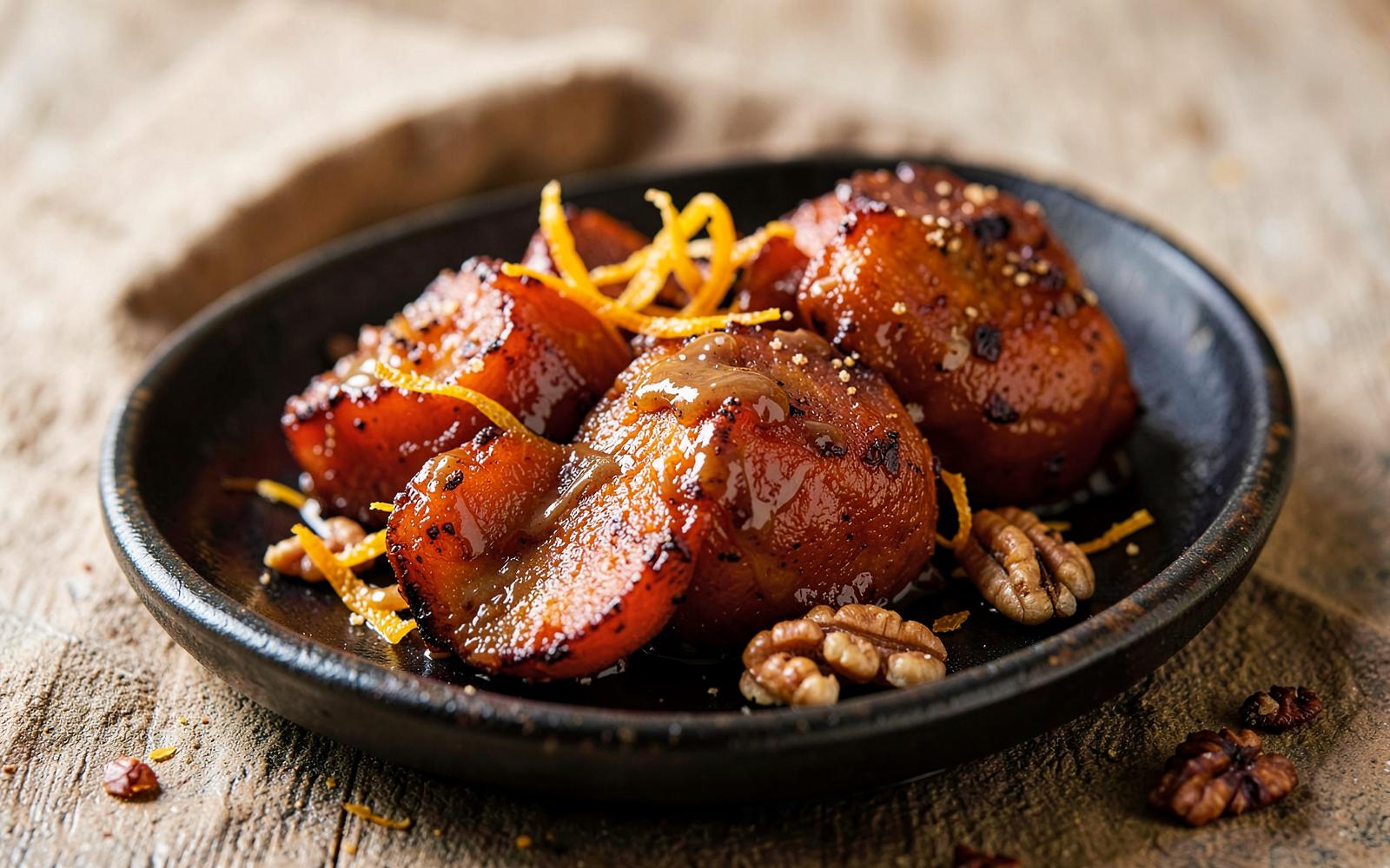 Caramelized candied sweet potato rounds glazed in brown sugar butter in a dark ceramic dish with orange zest and toasted pecans