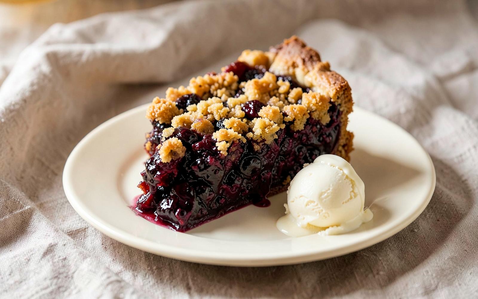 Slice of dark cherry crumble pie with glossy cherry filling and golden crumble topping beside a scoop of vanilla ice cream