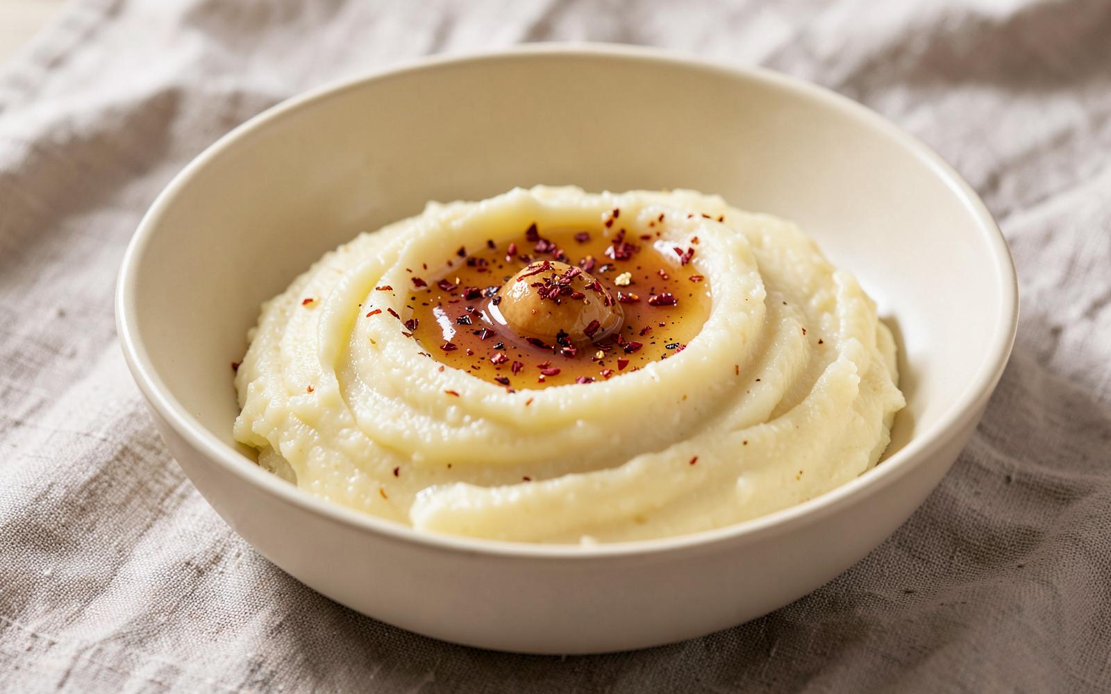 Creamy chile-infused mashed potatoes swirled in a shallow cream bowl topped with red chile butter and chile flakes