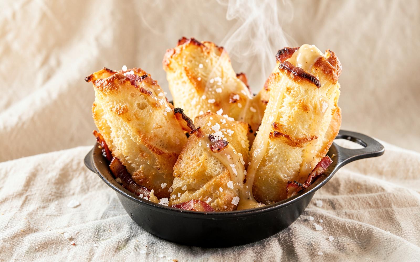 Tall golden maple bacon popovers puffed high in a dark metal popover pan with flaky salt and maple butter glaze