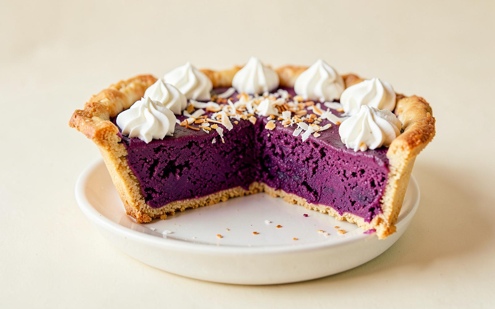 Purple sweet potato pie with vivid violet filling, toasted coconut and piped cream on a neutral cream background