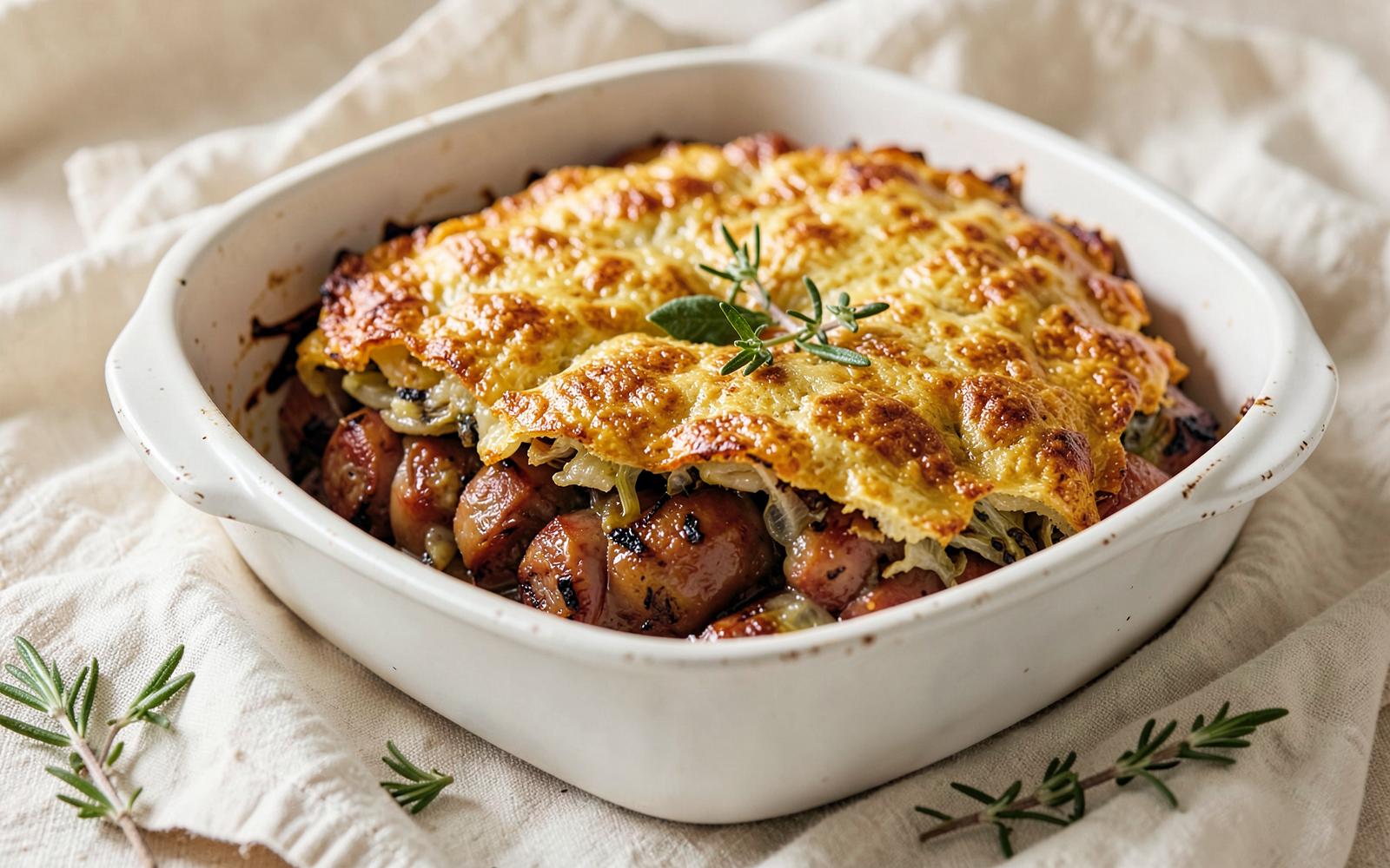 Sausage and fennel stuffing with a deeply golden crisp top in a rustic white baking dish with fresh herbs