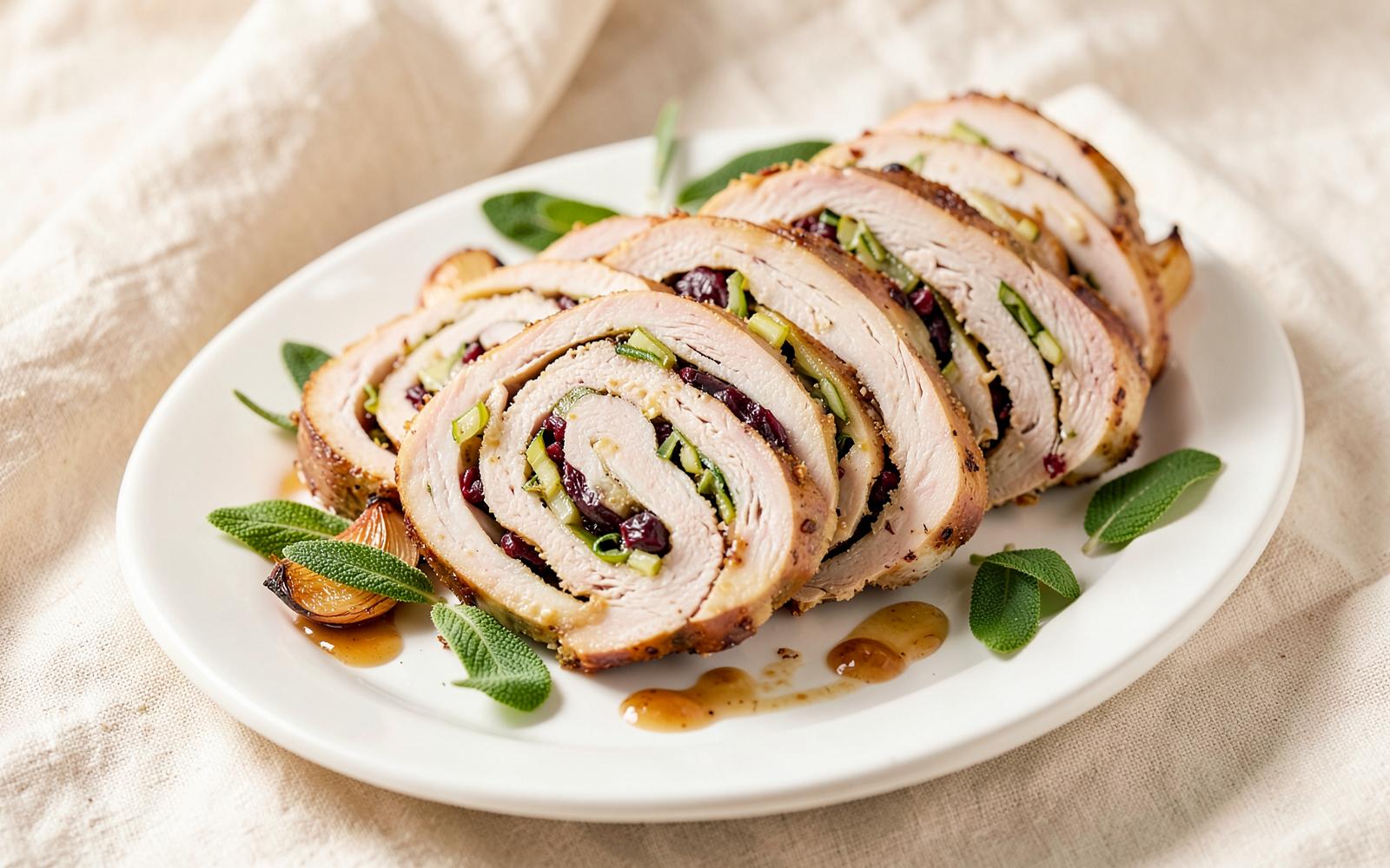Thick spiraled slices of Chef Dawn's turkey leg roulade with leeks and currants on a warm white platter with sage and roasted shallots